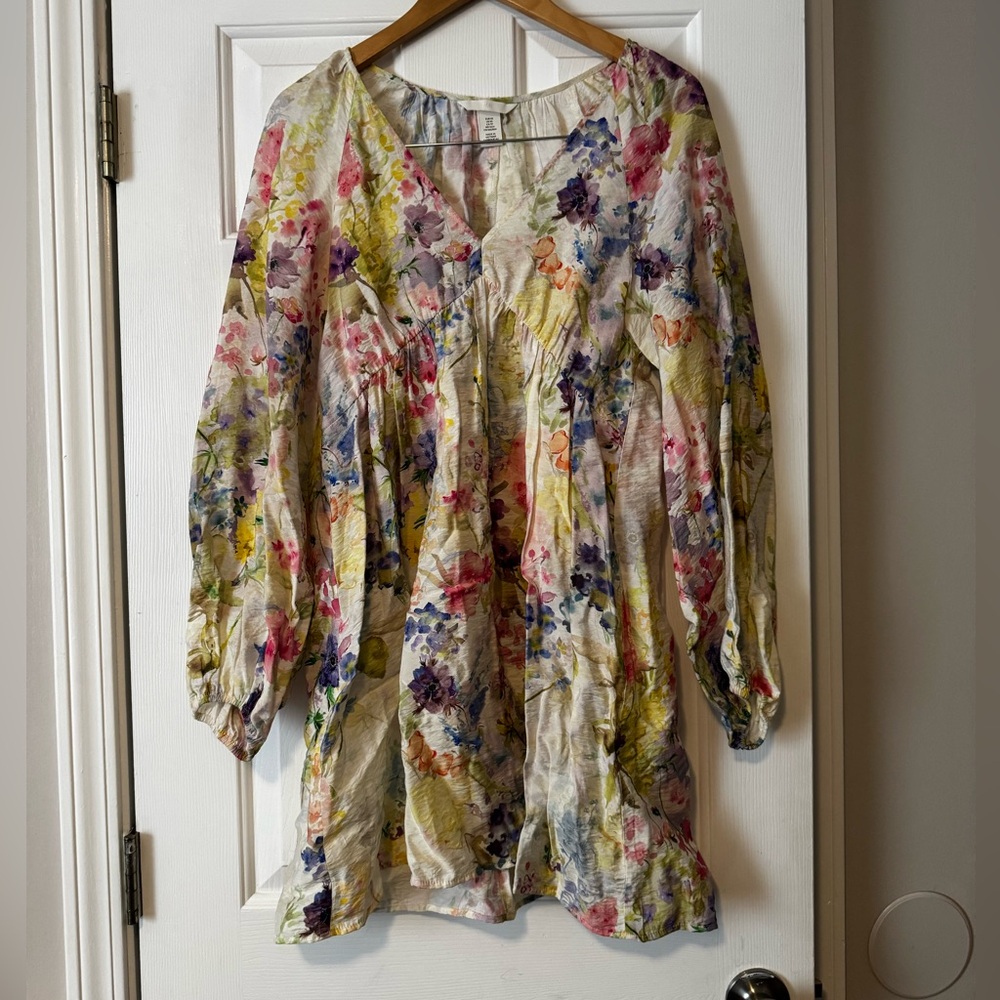 H&M Watercolor Floral Balloon-Sleeve Mini Dress - XS 0572